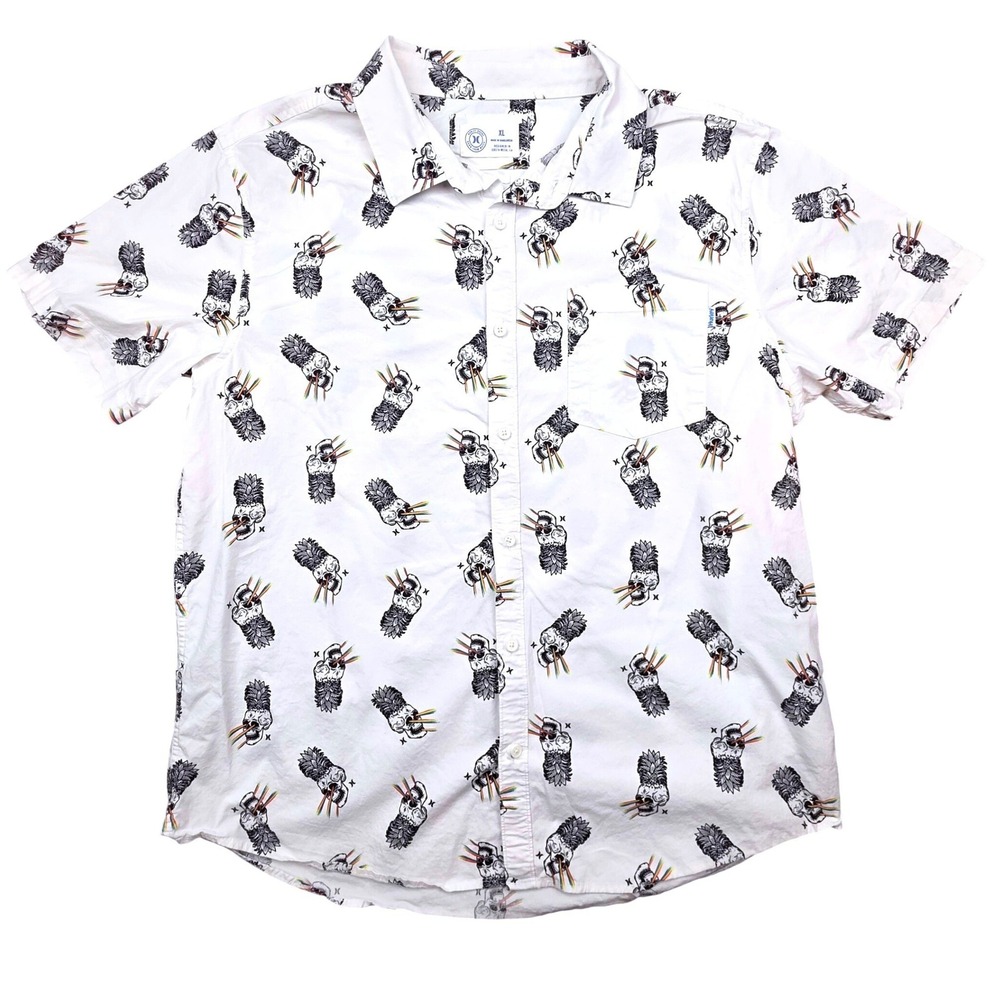 Hurley Mens XL White Pineapple Skull Rainbow Laser Eye Short Sleeve Button Down